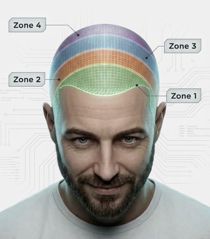 Hair transplant scalp zone map showing Zone 1 frontal hairline, Zone 2 mid-scalp anterior, Zone 3 mid-scalp posterior, and Zone 4 crown vertex for graft calculation